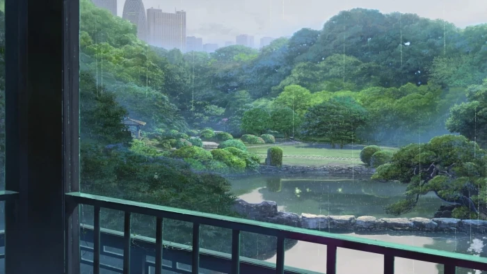 painting of pond near forest anime The Garden Words Makoto Shinkai 2k