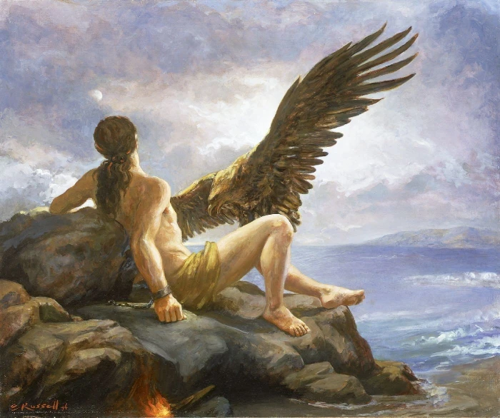 painting Prometheus mythology eagle fire beach birds