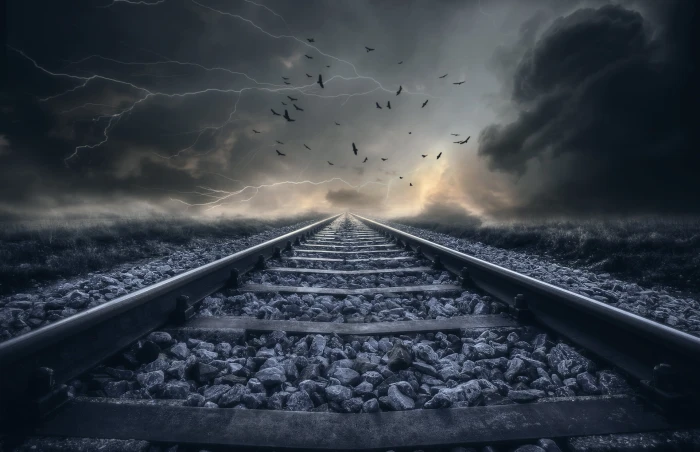photography of train rail Track Storm Landscape Railway Clouds 2k