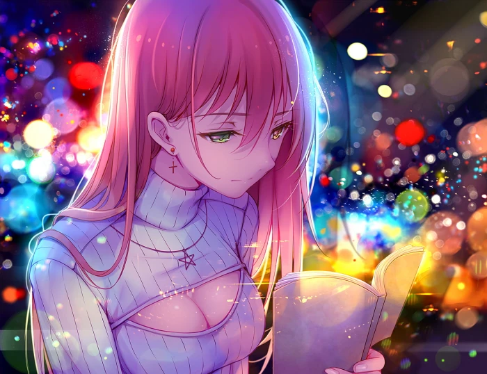 pink haired female anime character in white top