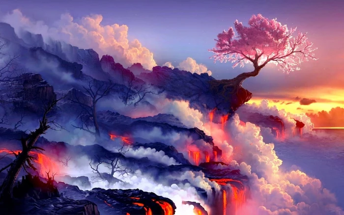 pink sakura tree wallpaper sunset fantasy art lava trees 2k