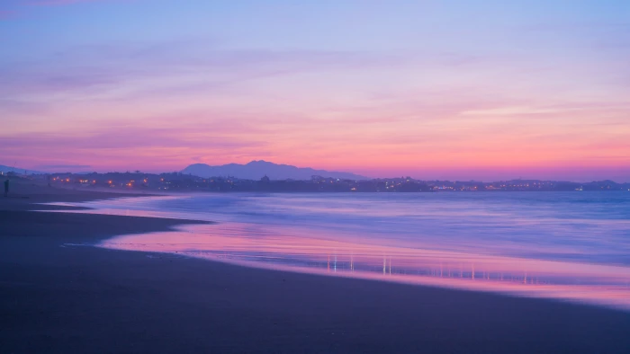 purple beach sunset new zealand sea nature water landscape 2k 4k