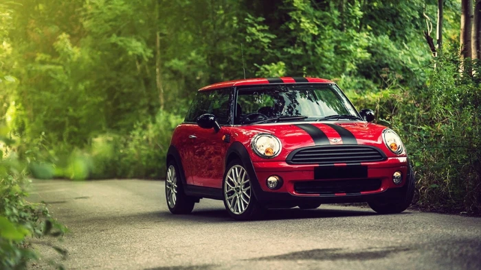 red and black Mini Cooper on road car stripes nature forest 2k