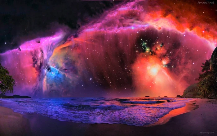 red and purple Northern light space digital art beach sky 2k