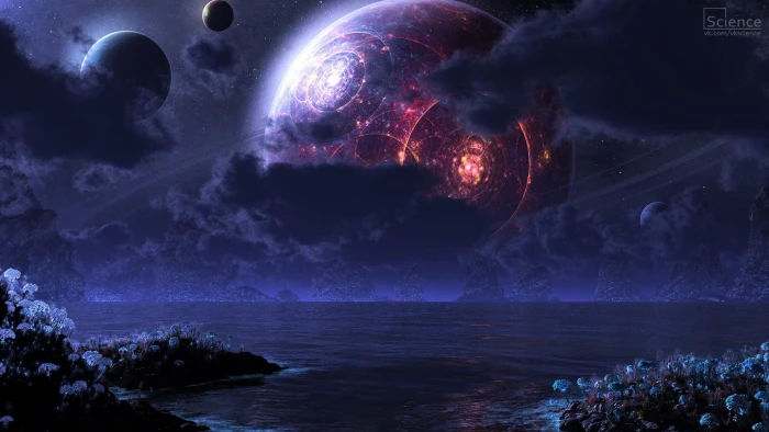 red planet and ocean painting space futuristic galaxy art 2k