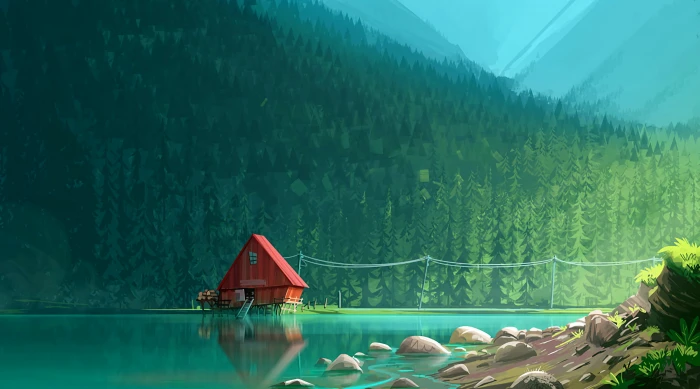 red wooden house near body of water on surrounded with trees artwork 2k