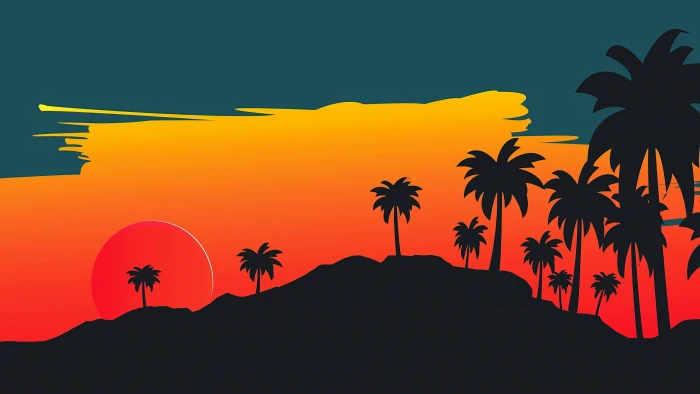 silhouette of coconut trees painting digital art landscape 2k 4k
