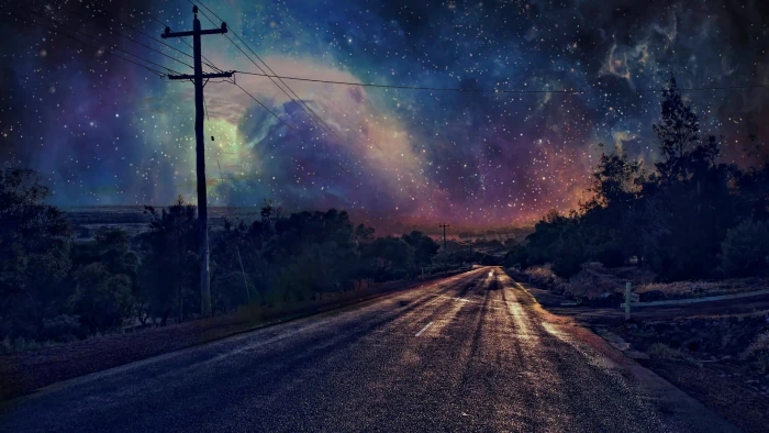 sky nature starry night stars road darkness 2k