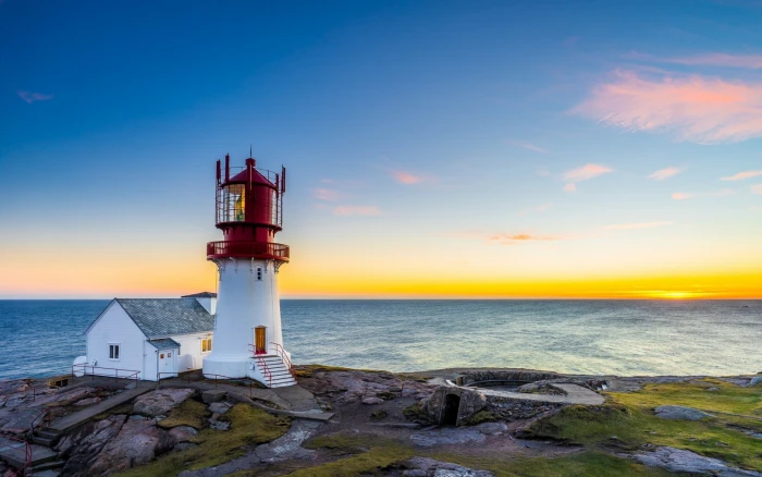 Sunset sea lighthouse norway lindesnes Scenery HD water sky 2k