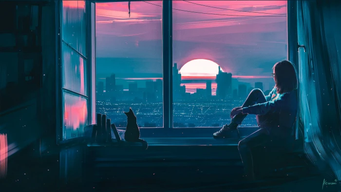 Sunset Girl The city Cat View Window Fantasy Landscape 2k