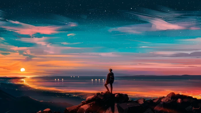Sunset The sun sky Stars People Fantasy Landscape 2k