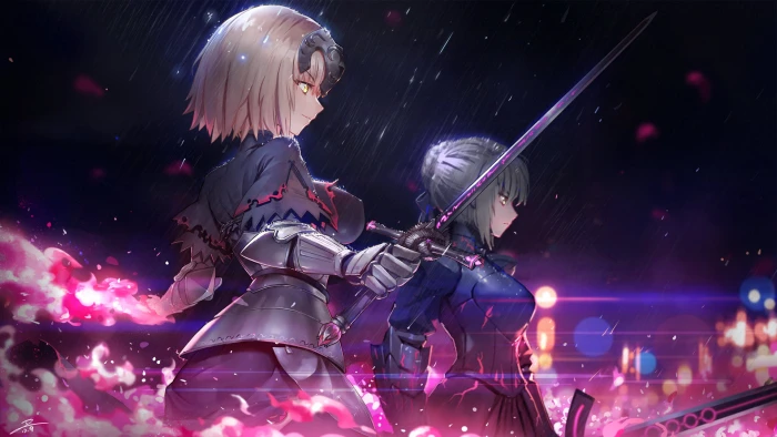 two black and brown haired female anime characters armor blonde 2k