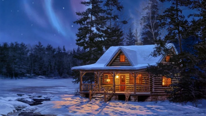 winter log cabin house snowcovered forest night stars 2k