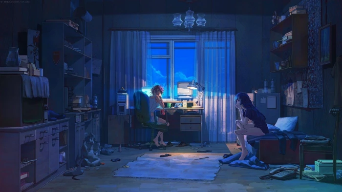 woman sitting on the bed illustration anime girls original characters 2k