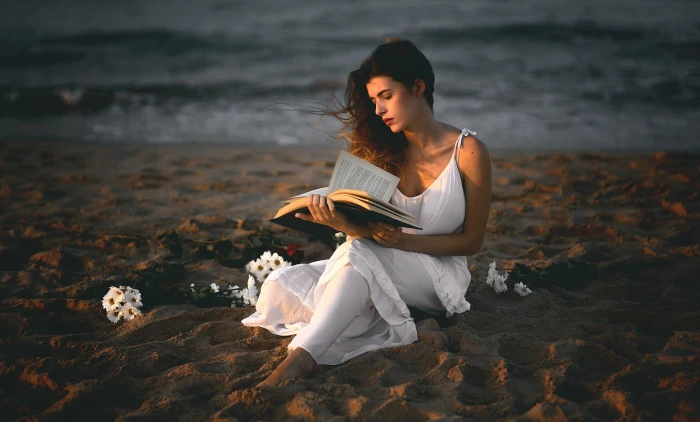 women books outdoors model white dress beach 2k
