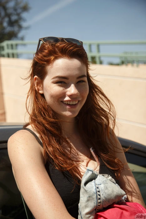 women's black spaghetti strap top Sabrina Lynn redhead freckles