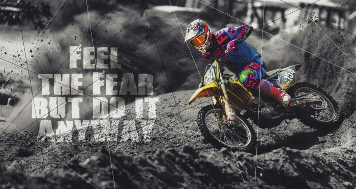 yellow dirt bike with text overlay feelings quote black white 2k