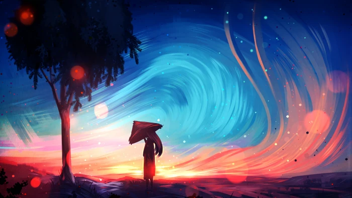 girl with umbrella painting man neat tree digital art 2k