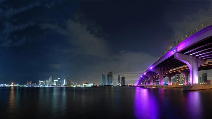 gray concrete bridge cityscape urban lights skyline Miami 2k