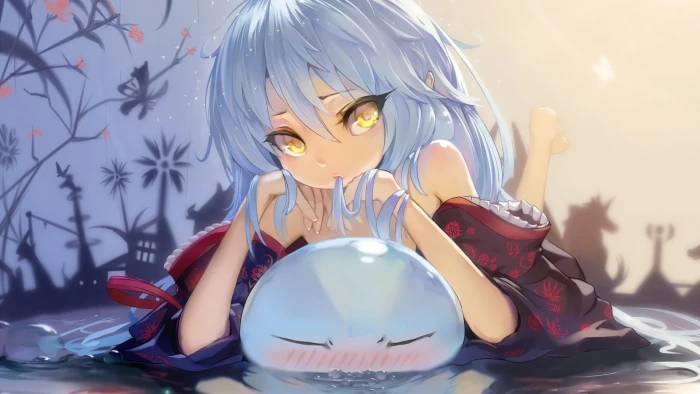 gray haired girl anime character artwork aqua hair yellow eyes 2k