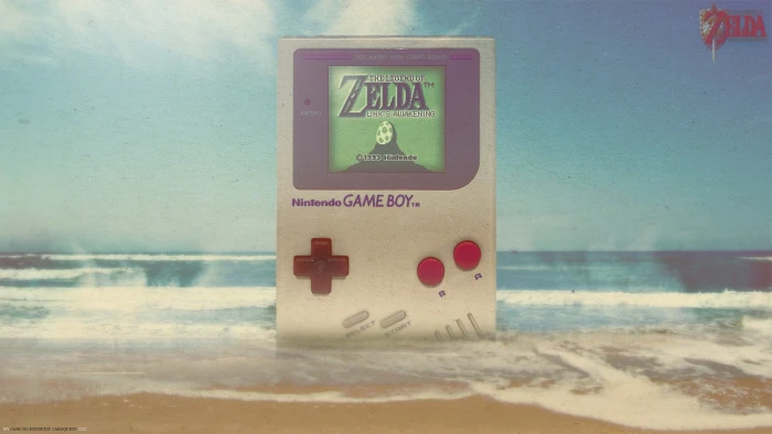 gray Nintendo Game Boy showing The Legend of Zelda game GameBoy 2k