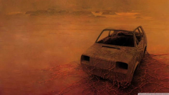 gray vehicle Zdzis aw Beksi ski dark painting detailed 2k