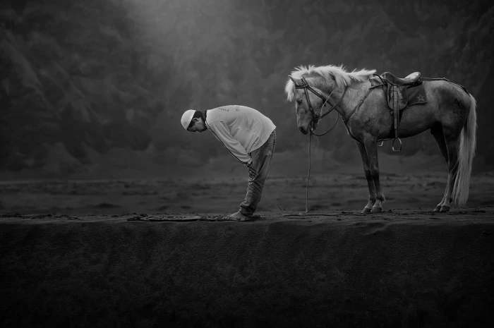 grayscale photo of man and horse animals men praying Islam 2k