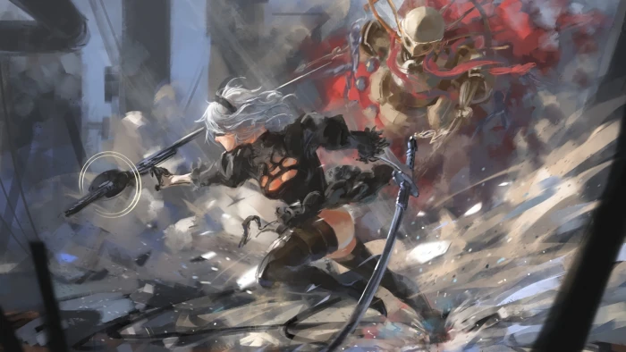 grey haired anime character holding sword Nier Automata video games 2k