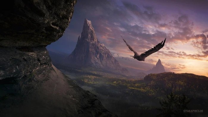 Hawk Bird Landscape Mountains Rock Stone Sunset CG HD bird flying over the horizon graphic art 2k