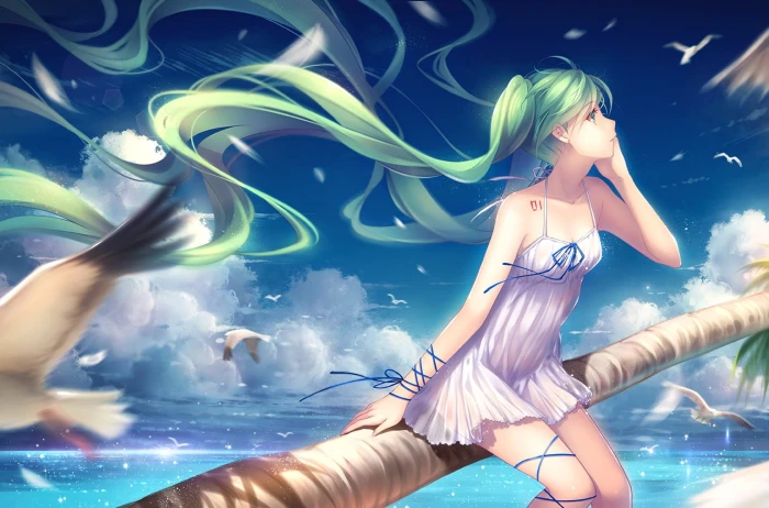 Hatsune Miku Vocaloid beach anime girls windy sitting 2k