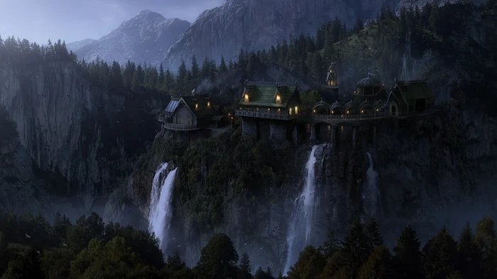 houses illustration waterfalls beside castle near mountain landscape 2k