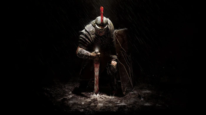 knight kneeling while holding sword digital wallpaper rain armor 2k