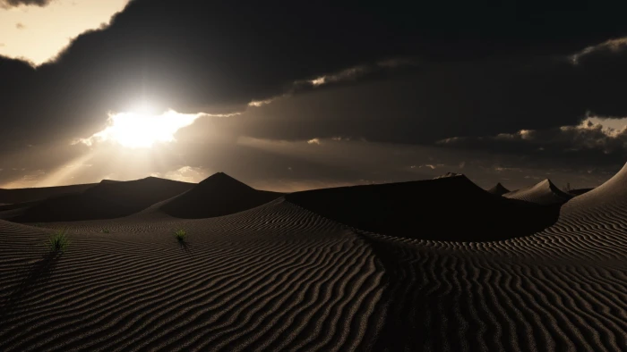 landscape photo of desert sand dune nature clouds Sun shadow 2k