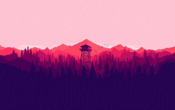 landscape Firewatch tower colorful minimalism illustration 2k