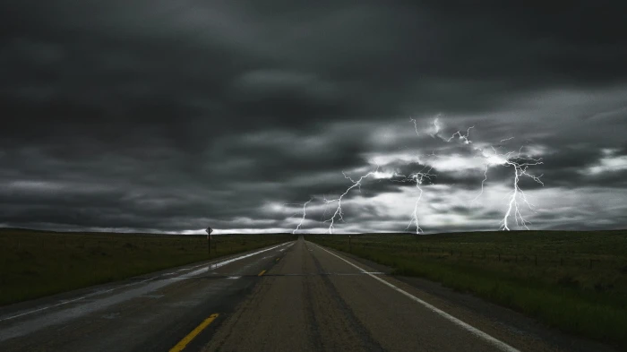lightning illustration nature landscape road storm sky clouds 2k