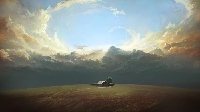 lone house painting clouds artwork field DeviantArt sky 2k