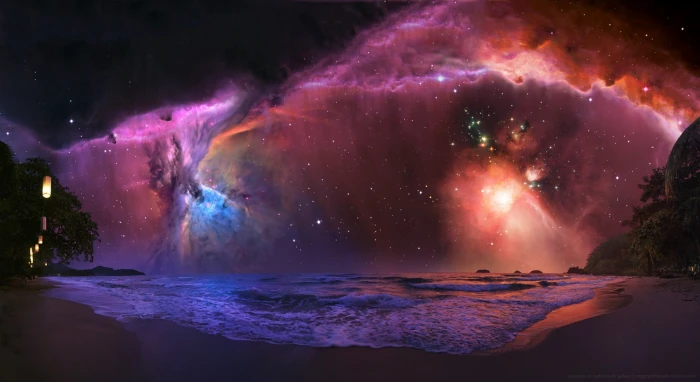 landscape space nebula stars sea art beach water 2k