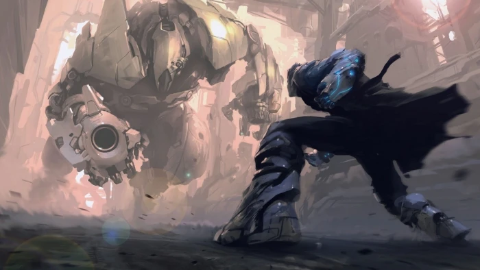 man fighting a robot digital painting artwork science fiction 2k