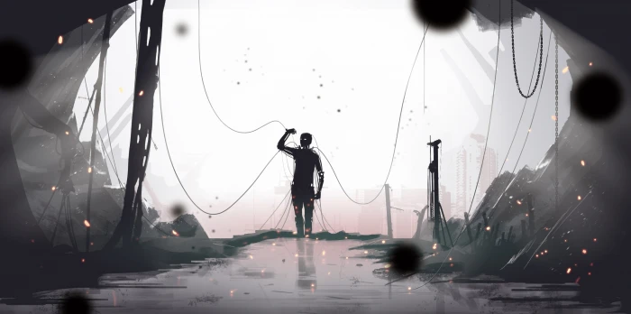 man near cave digital art robot cyberpunk science fiction 2k