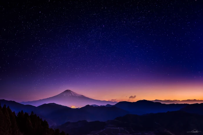 Mount Fuji Japan the sky stars mountains night nature glow 2k