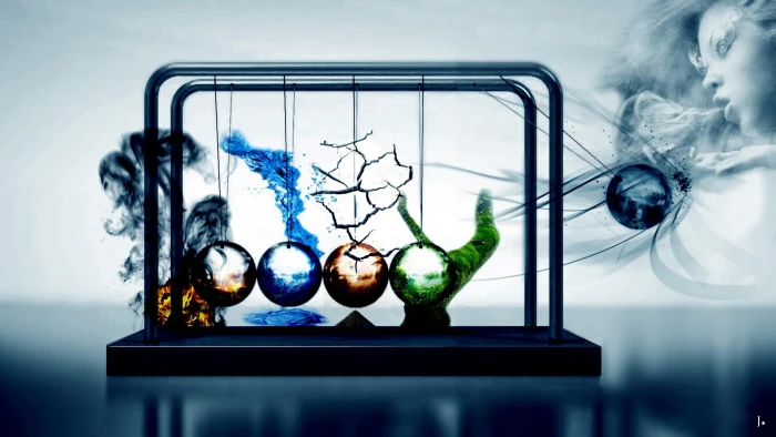 multicolored Newton's cradle abstract science fire water 2k