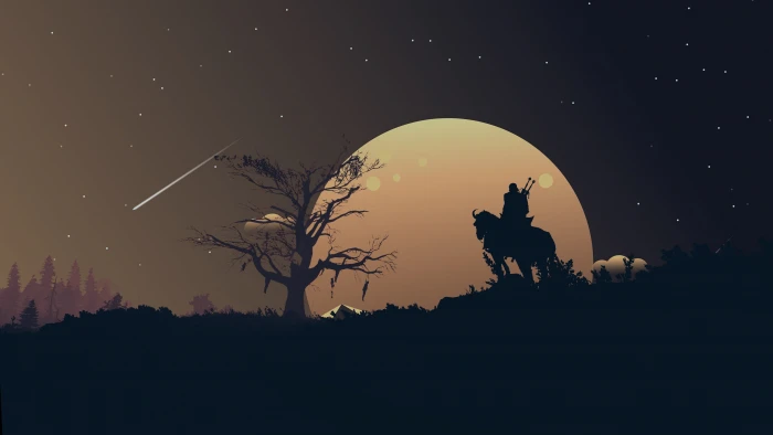 moon fantasy game The Witcher landscape night stars tree 2k 4k