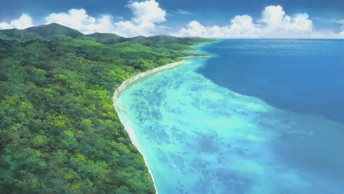 mountains and ocean anime landscape beach artwork scenics nature 2k