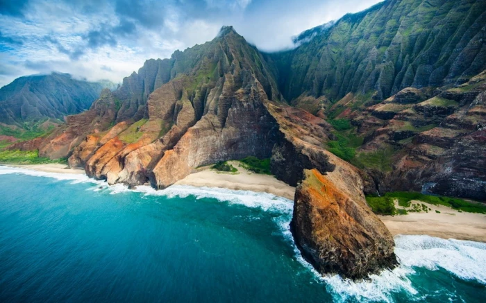 Nature Landscape Aerial View Coast Beach Cliff Sea Mountain Clouds Rock Kauai