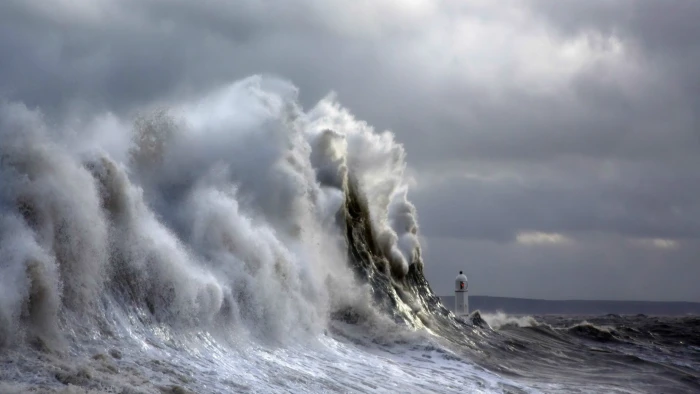 nature landscape sea waves clouds lighthouse storm hills 2k