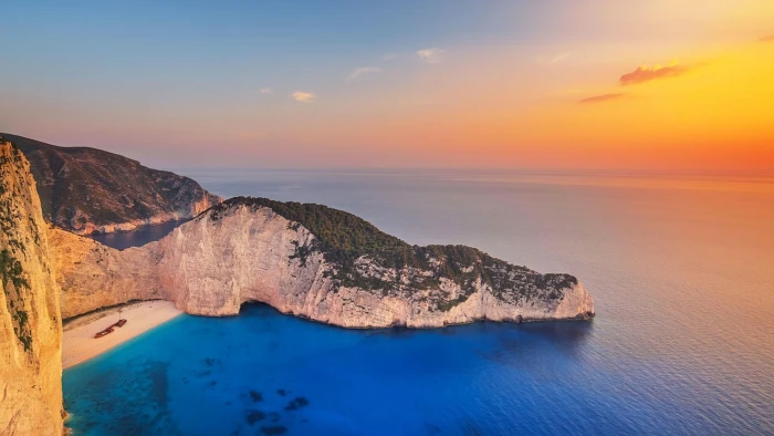 navagio bay greece beach zakynthos europe sunset 2k