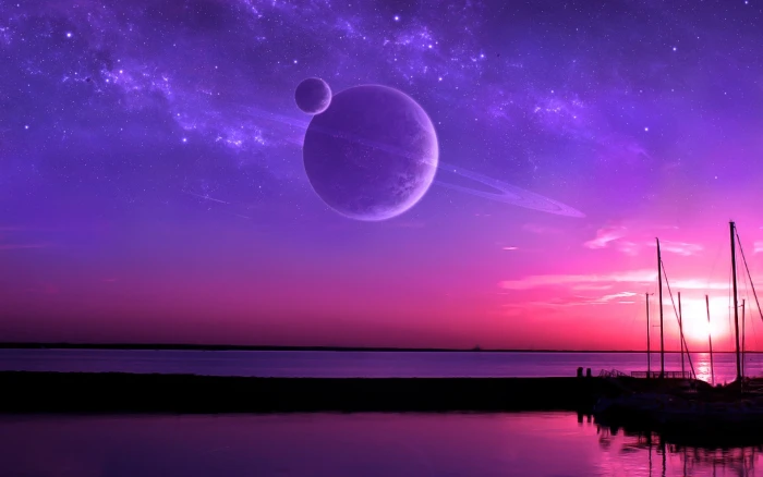 planet sea sunset beach water space digital art 2k