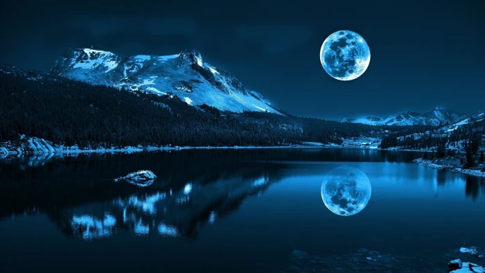reflection of snowy mountain on body water under full moon wallpaper 4 2k