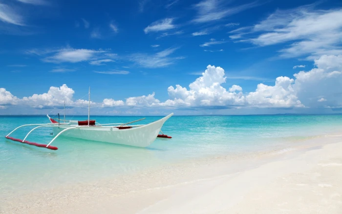 Sea Beach Thailand Boat Summer Blue Sky Landscape white and brown wooden boat 2k