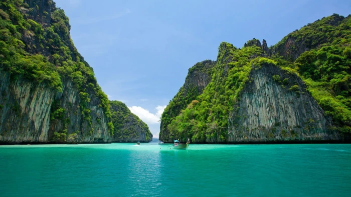 ship green beach island vacation sky Thailand water